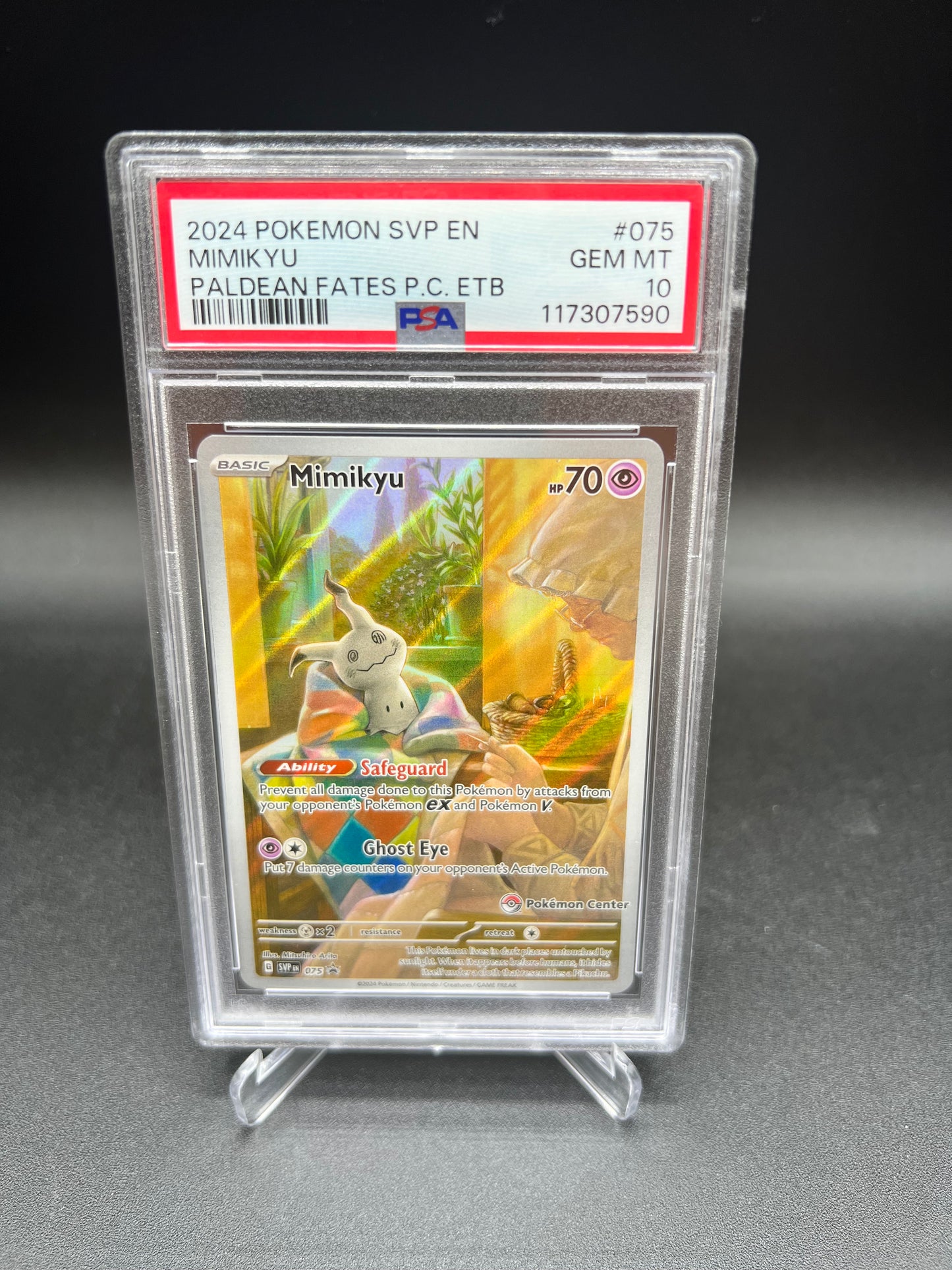 2024 POKEMON CARD MIMIKYU PALDEAN FATES POKEMON CENTER STAMP PSA 10